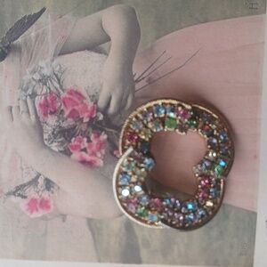 Vintage 80's Crystal Brooch Pin Encrusted Rhinestones Gold Filled Multi-Color